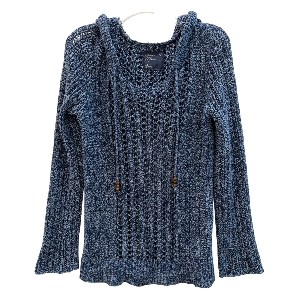 American Eagle Blue Marled Open Knit Hooded‎ Sweater Boho Beaded Pullover Large